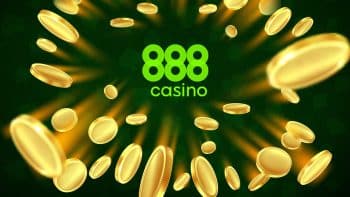 the 888 casino logo surrounded by midair golden coins on a dark green background with faded cards symbols