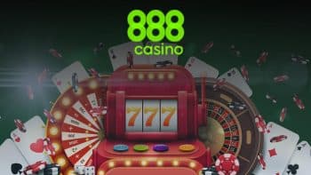 777 slot machine nestled between two roulettes, encircled by playing cards and floating poker chips on a dark green background adorned with the 888 Casino logo, highlighting the 888 Casino bonus.