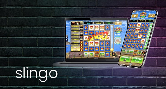 NJ online slingo game on laptop and mobile phone on a background with bricks