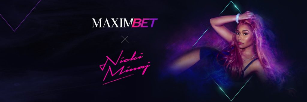 Portrait of female rapper Nicki Minaj on a black background with her handwritten signature and MaximBet logo centered
