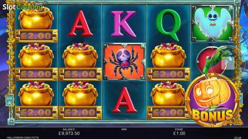 Halloween Cashpots Slot with bonus symbols, and other wild symbols, including a spider and a ghost symbol