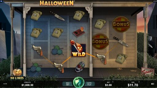 Halloween Slot featuring the slasher film inspired Wild symbol, with telephone, knife, and gun symbols