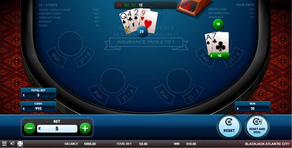 Atlantic City NJ Online Blackjack gameplay, setup, cards and betting buttons