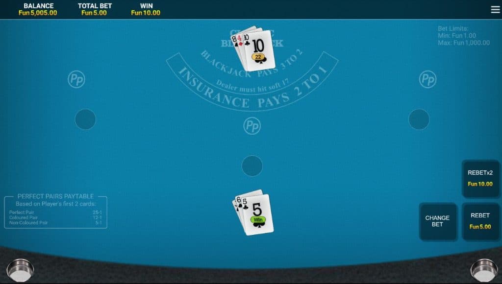 Perfect Pairs NJ Online Blackjack gameplay, setup, cards and betting buttons