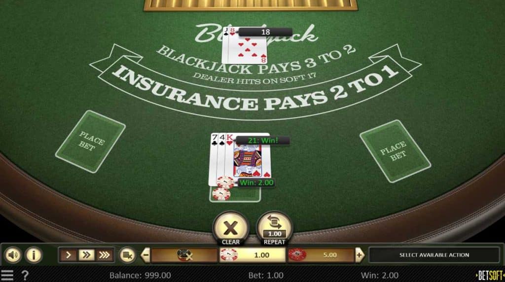 Single Deck NJ Online Blackjack gameplay, setup, cards and betting buttons