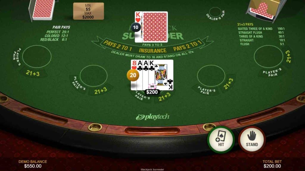 Surrender NJ Online Blackjack gameplay, setup, cards and betting buttons