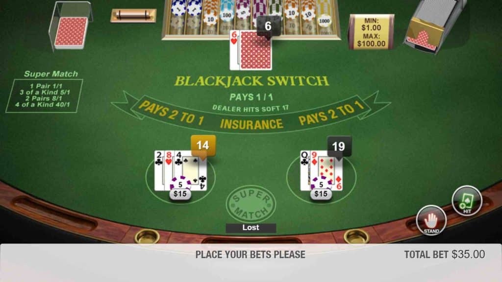 Switch NJ Online Blackjack gameplay, setup, cards and betting buttons