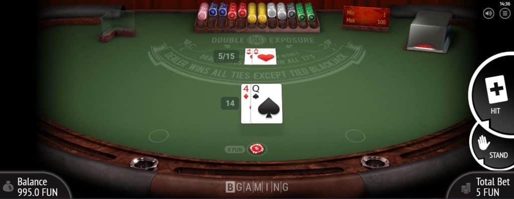 Double Exposure Blackjack gameplay, setup, cards and betting buttons