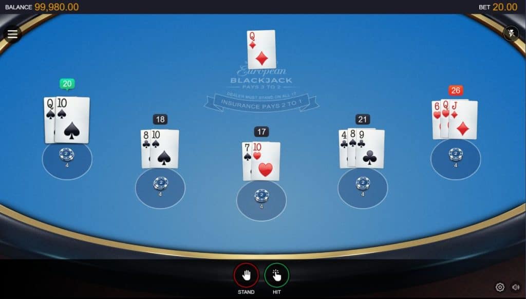 European NJ Online Blackjack gameplay, setup, cards and betting buttons