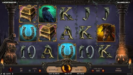 Halloween Jack Slot featuring slot symbols, such as a crow, a chest, and a haunted horse