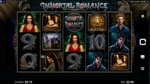 Immortal Romance Slot featuring the characters, the scatter symbol, and the Secret Chamber symbol