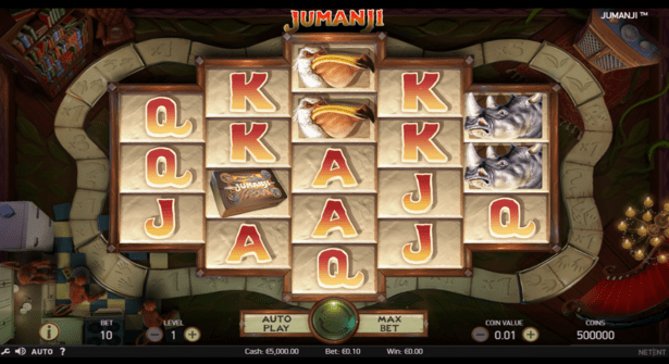 Jumanji free spins slot game interface with available betting buttons