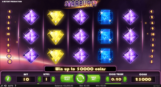 Starburst free spins slot interface with available diamond reels and bettings buttons