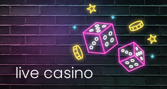 Live casino neon text with neon dice and golden coins on a brick bacground