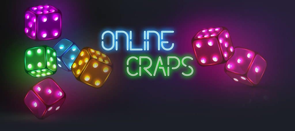 Blue and green neon text Online Craps in between neon colorful pairs of dice on a dark purple background