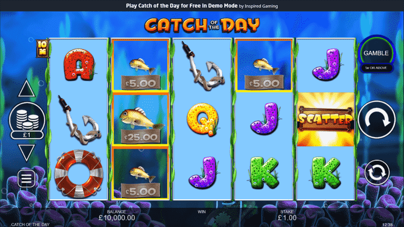 Tiki Catch Of The Day Free slot interface with available symbols, reels, and betting buttons