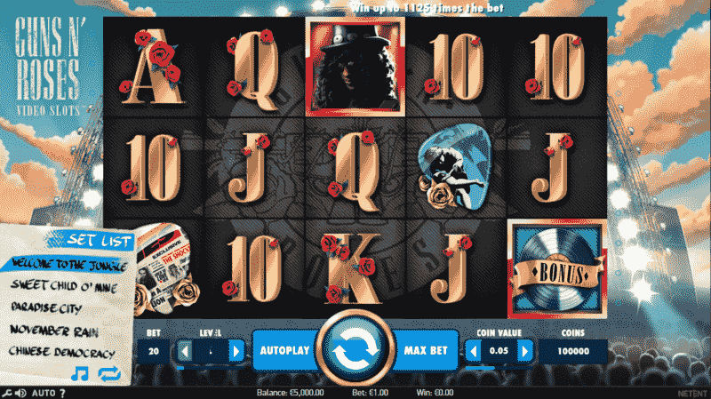 Guns N' Roses free online slot interface with available betting buttons