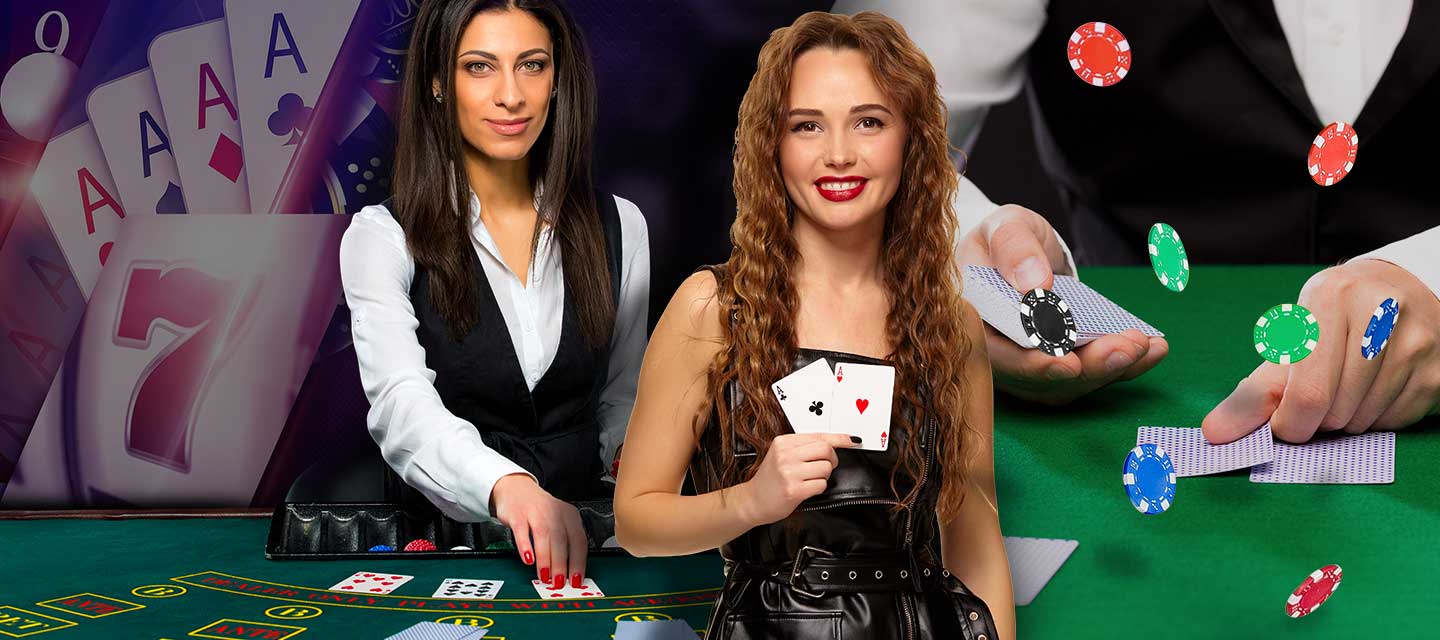 Three online live casino dealers holding poker cards and chips