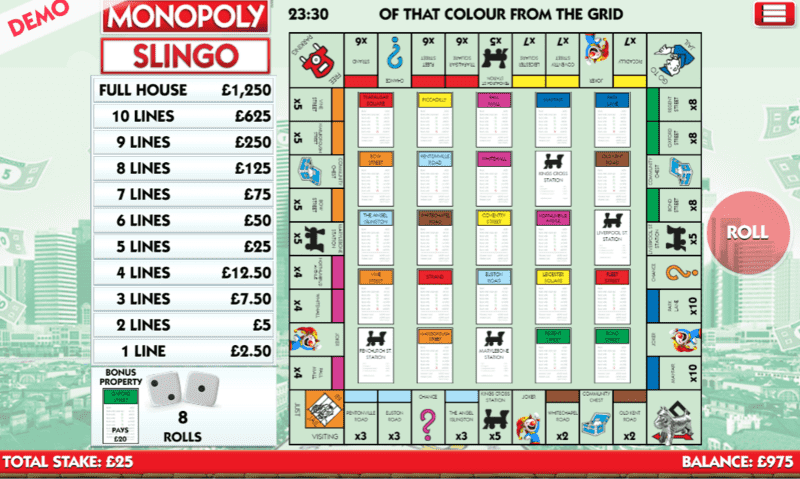 Slingo monopoly gameplay with bonus gameplay with special symbols, reels and betting buttons
