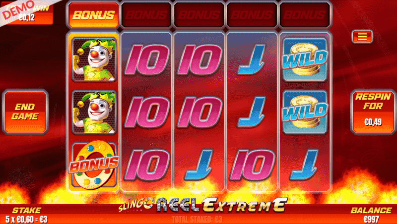 Slingo reel extreme gameplay with bonus gameplay with special symbols, reels and betting buttons
