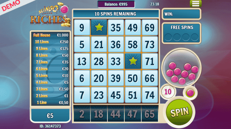 Slingo riches gameplay with special symbols, reels, bonus board and betting buttons