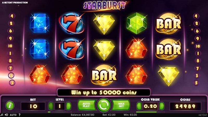 Starburst online slot interface with available betting buttons