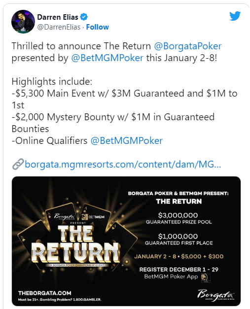 Darren Elias tweet about The Return, Borgata Poker Tournament.