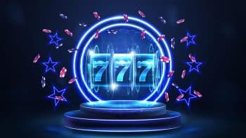 Three 7's slot symbol around poker chips and electric blue stars