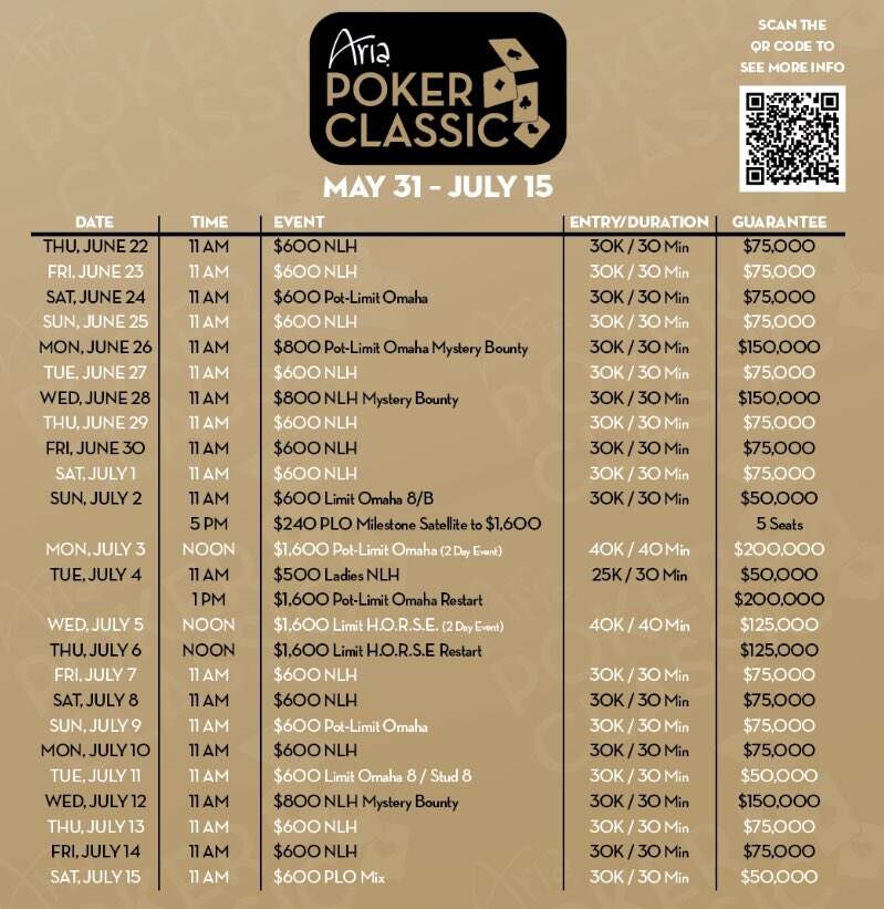 Photo of the second part of the Aria Poker Tournament Schedule 2023 from May until July, featuring the poker championship logo, Aria Poker Classic logo 