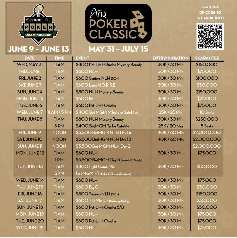 Photo of the first part of the Aria Poker Tournament Schedule 2023 from May until July, featuring the poker championship logo, Aria Poker Classic logo