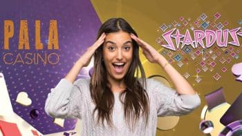 Girl with surprised look on her face holding hands on her forehead, on a purple and gold background, with playing cards, card symbols, poker chips, the Pala Casino and the Stardust Casino Symbols.