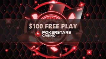 PokerStars no deposit bonus $100 Free Play text with PokerStars NJ logo under it on a black background with a neon red wheel and poker cards.