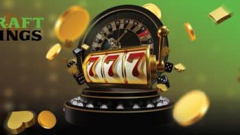 DraftKings Progressive Jackpots symbols with 777 slot machine and golden coins in the center and the DraftKings casino NJ logo placed in the upper left corner