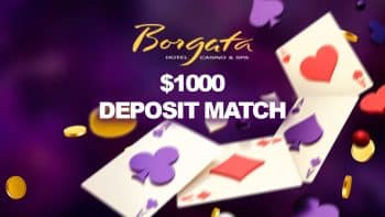 Borgata Casino logo above the $1000 Deposit Match text on a purple background featuring playing cards, coins and card suits flying mid air