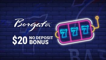 Borgata Casino logo above the $20 no deposit bonus next on a brick background featuring a neon slot reel