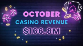October casino revenue $166.8M text on a brick background adorned with neon dice and playing cards, capturing the essence of October NJ online casino revenue.