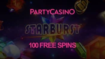 The Starburst slot logo nestled between the Party Casino and '100 free spins' text on a slightly dark background, highlighting elements from the Starburst slot to showcase the Party Casino no deposit bonus.