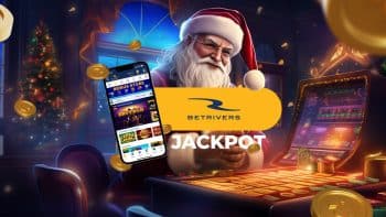 BetRivers logo positioned above the 'Jackpot' text, adjacent to a mobile phone displaying the BetRivers main page, set against a backdrop of Santa Claus seated at a slots machine, embodying the festive cheer of BetRivers NJ Casino jackpot.