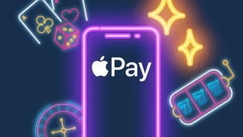 Apple Pay logo displayed on a mobile phone, surrounded by neon markings on a blue background, featuring neon casino elements like slot reels, playing cards, dice, and roulette, symbolizing the convenience of Apple Pay casinos.