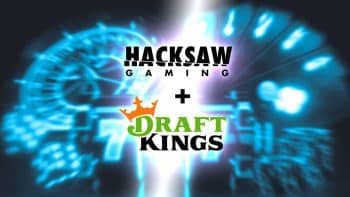 Hacksaw Gaming logo positioned above the DraftKings logo on a dark background, illuminated by neon casino elements such as cards, poker chips, and roulette, emphasizing the selection of Hacksaw Gaming slots.