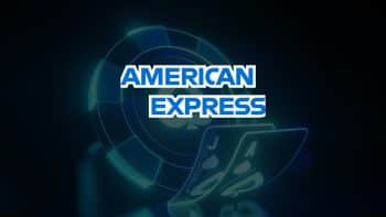 American Express logo set against a dark backdrop illuminated by neon poker chips and playing cards, highlighting the integration with American Express Casinos.