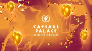 Caesars Palace Online Casino logo, part of Caesars Casino Group, on an orange background with balloons, confetti, and faded slot reels