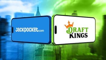 Two mobile phones colliding against a blue-green gradient background, one with the DraftKings logo and the other with the Jackpocket logo, representing the DraftKings deal.