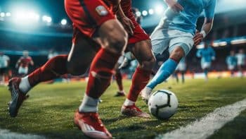 Close-up of football players' legs mid-action on the field, symbolizing the dynamic nature of sports betting contributing to the February sports betting earnings.