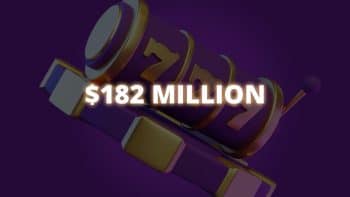 182 Million in bold text over a purple background with a slot reel icon, highlighting the significant New Jersey gambling revenue.