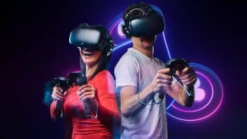 Two people wearing VR casinos equpment on a dark background featuring neon casino elements