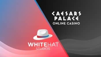 A split-background image with White Hat Studios' logo on the pink side and Caesars Palace Online Casino's logo on the black side, showcasing their recent partnership.