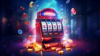 Online casino slot machine displaying a winning combination with coins erupting and flying out into the air, set against a dark background.