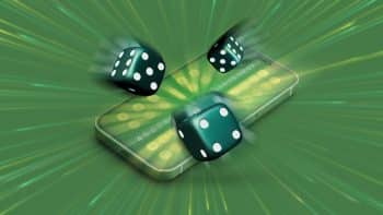 Three dice cascading from a smartphone screen, which showcases an online Sic Bo play chart, set against a green background.