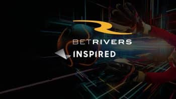 BetRiivers Casino and Inspired Gaming logos on a background alluding to virtual sports gaming